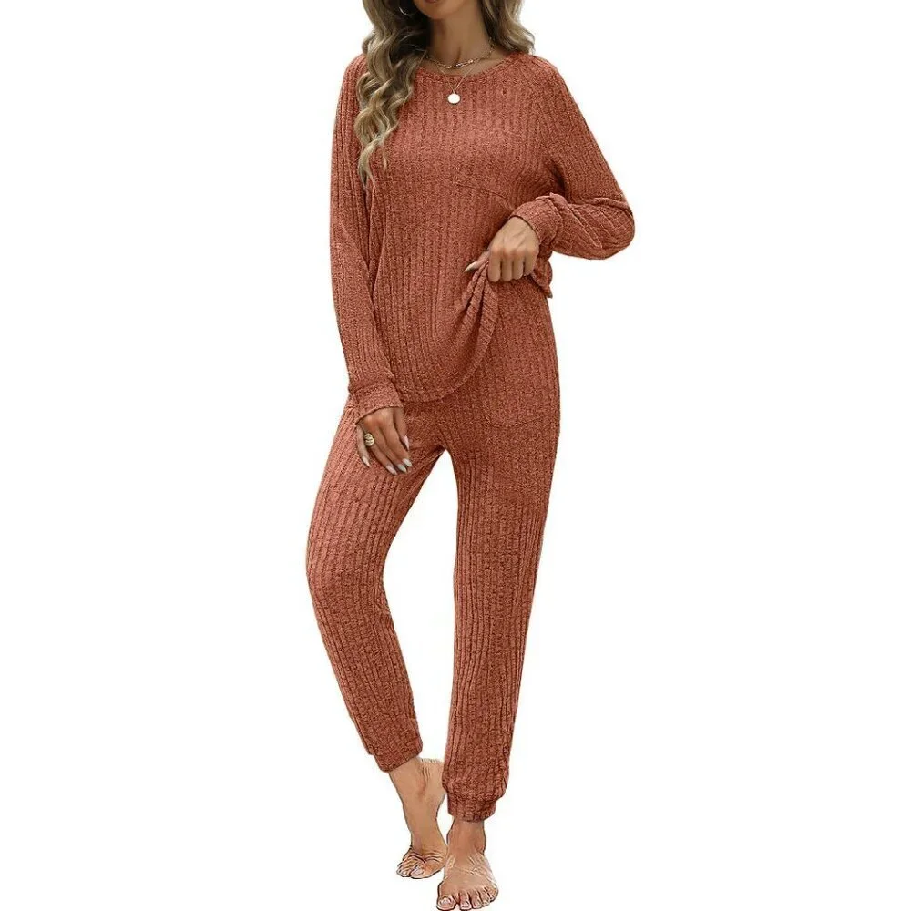 Ribbed Knit Lounge Set Long Sleeve Pajama Jogger Sweatsuit